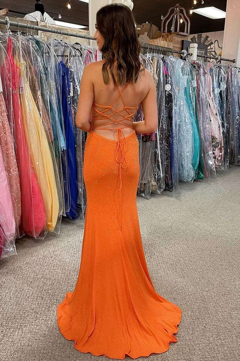 Vestido de fiesta con espalda con cordones y cuentas y abertura
